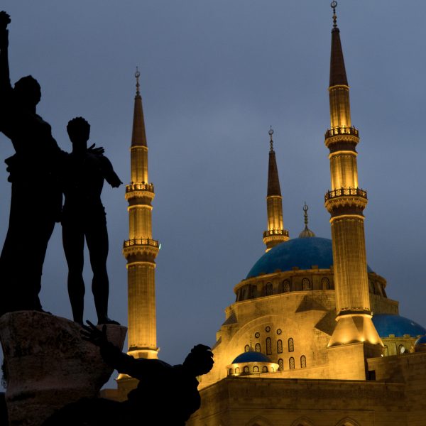 shot of the martyrs monument in front of the mohammad al amin mosque beirut lebanon
